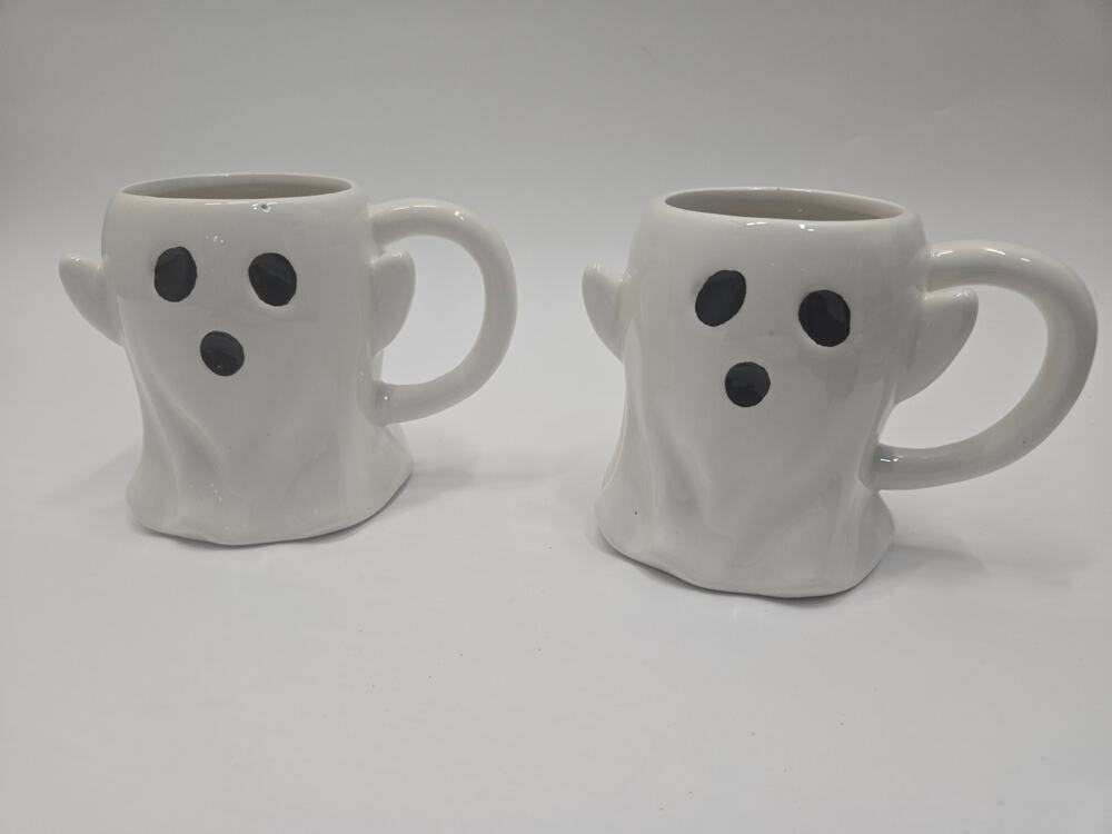 Set of 2 Halloween Ghost Mugs White 3D Ceramic Spooky Coffee Cups